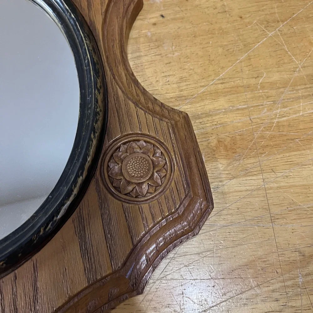 Vtg 1971 Syroco Homco 2391 Faux Wood Shield Wall Mirror Floral MCM 16.5x12.5 USA